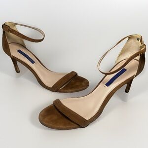 Stuart Weitzman Nudist II Sandal Stiletto Heels Sz 7.5 Tan Suede Luxury Designer
